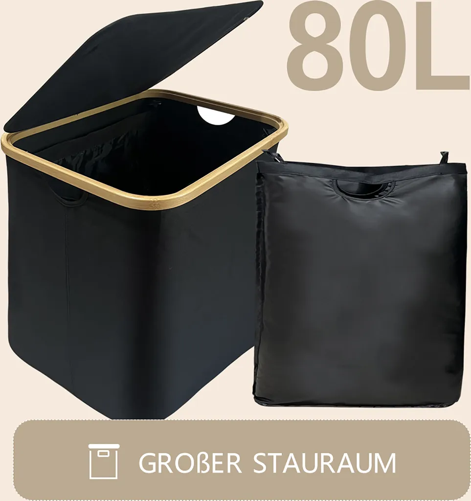 Panier Linge Anti-Odeur avec Couvercle et Doublure Amovible 80L Noir