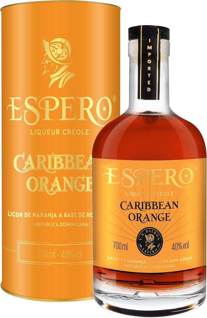 A bottle of Espero Caribbean Orange liqueur and its cylindrical packaging.