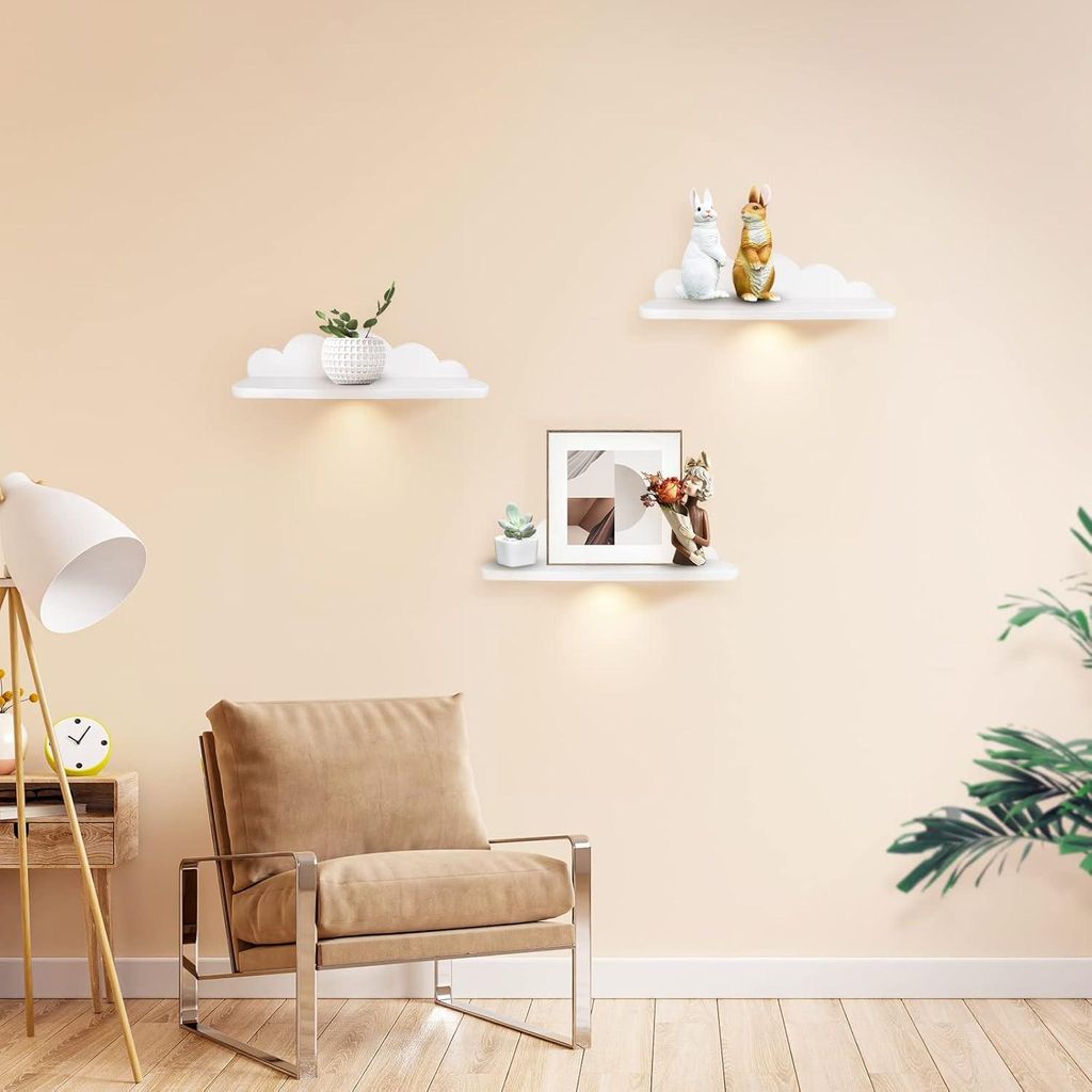 Zwevende Plank Set von 3 Wandplanken hängend kreativ für Schlafzimmer Wohnzimmer Küche und Flur Wolken kleine Größe Wolken 45 cm Kunststoff we...