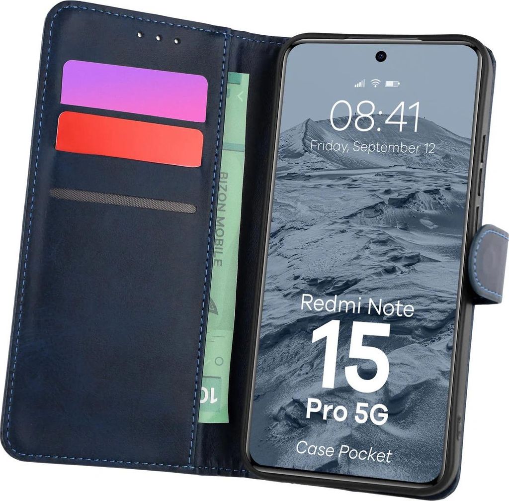 Handyhülle mit Klappe für Xiaomi Redmi Note 15 Pro 5G, Bizon Case Pocket, Dunkelblau