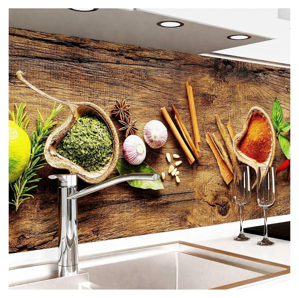 Selbstklebende Küchenrückwand - Matt - Spritzschutz für die Küche - verstärkte PET-Folie - 0,4 mm - Gewürze auf Holz - 60 cm x 500 cm