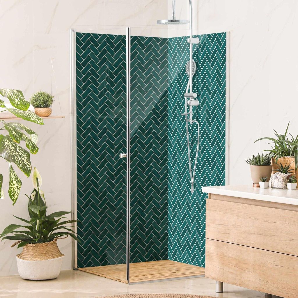 Duschrückwand mit Motiv selbstklebend - 0.35 mm Wandpaneel wasserfest Design petrol Fliesenoptik Unifarben Badrückwand fugenlos Smart matt 110x21...