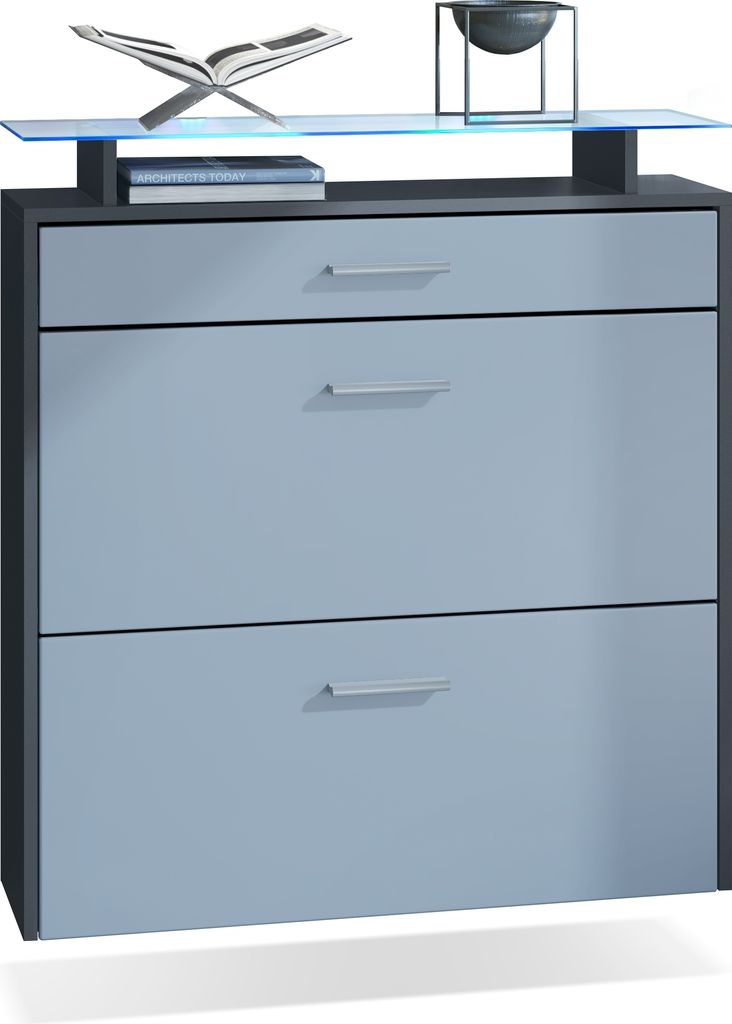 Vladon Schuhschrank Malea, Anthrazit matt/Denim matt inkl. LED - hängender Schuhkipper für 16 Paar Schuhe (89 x 96 x 23 cm)