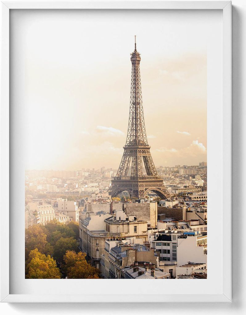 Blick auf den Eiffelturm– Wandbild mit Rahmen – Gerahmtes Bild – Wanddekoration – 60x80 cm – Weiß Rahmen