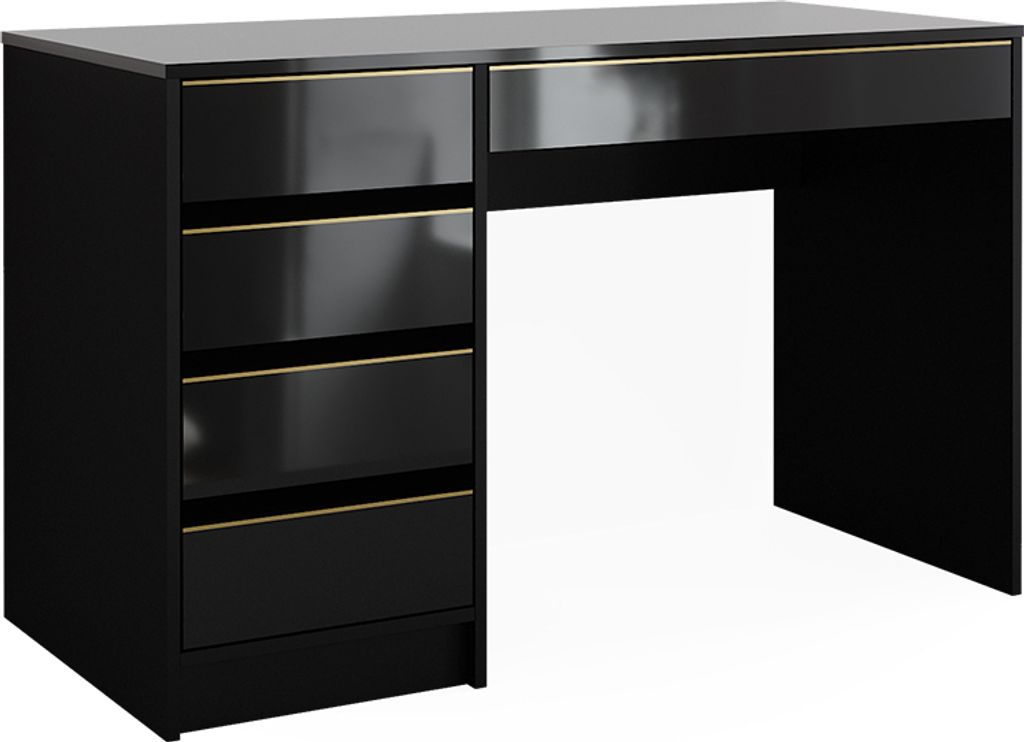 A black vanity desk with gold accents, shown from a front-side angle against a white background.