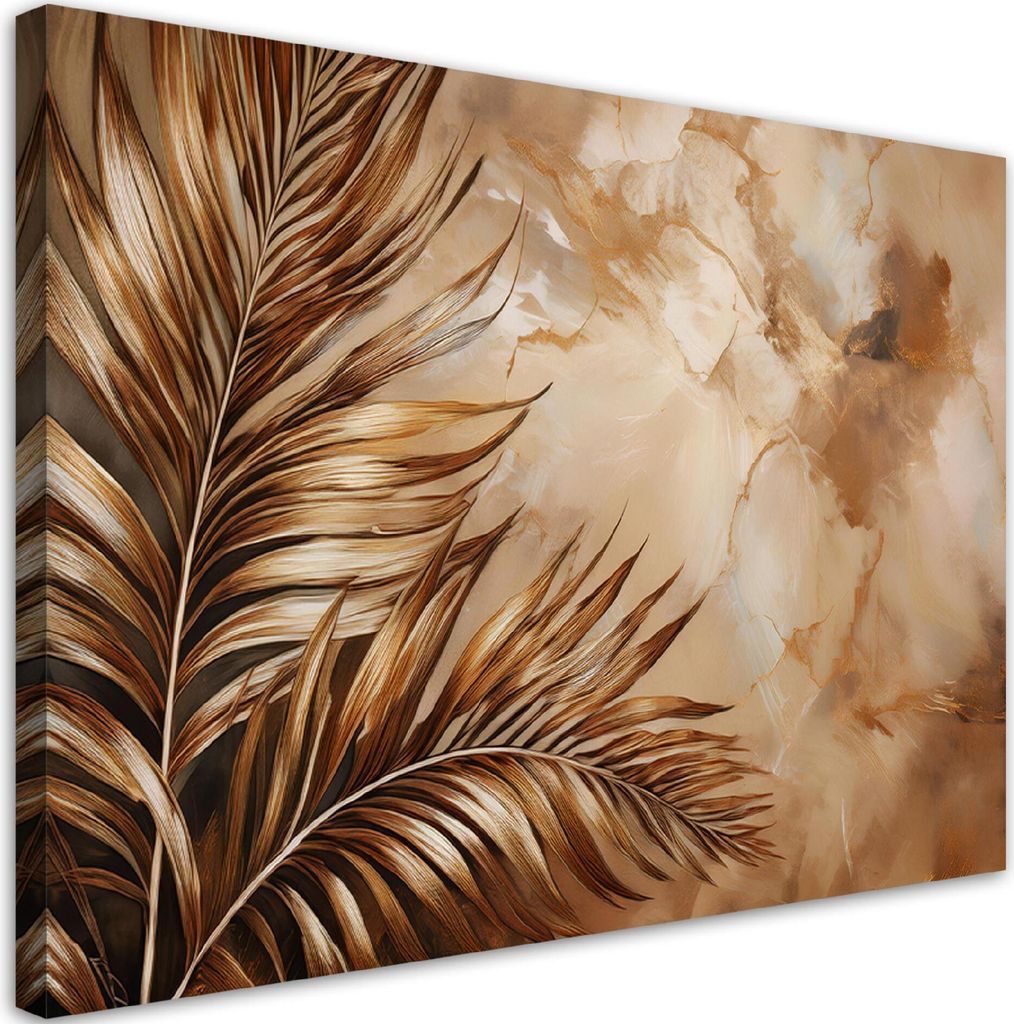 Leinwandbild Glamour Palmblätter Marmor Sepia 60x40 Feeby Beige bild für die wand bereit zum aufhängen