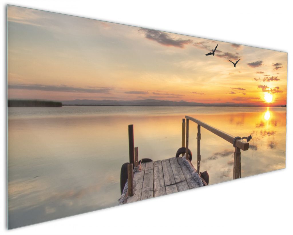 Wallario Küchenrückwand aus Glas, Größe: 125 x 50 cm, Motiv: Sonnenuntergang über dem See idyllischer Steg | Spritzschutz | abwischbar | pfle...