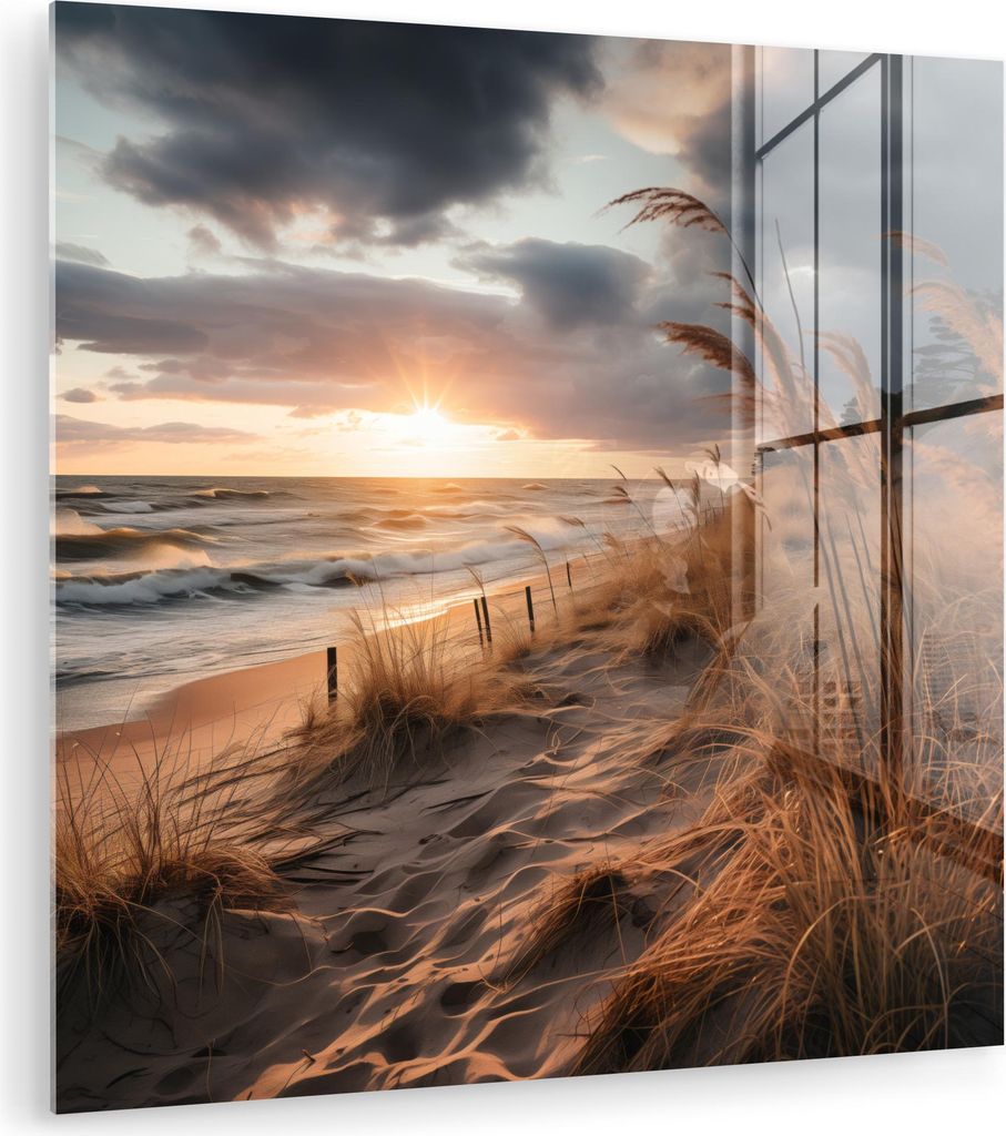 MuchoWow Glasbilder - Bilder auf Wandbild - Foto auf Glas Strand - Dünen - Meer - Sand - Hochgras 20x20 cm Wanddekoration aus Glas - Acrylglasbild...