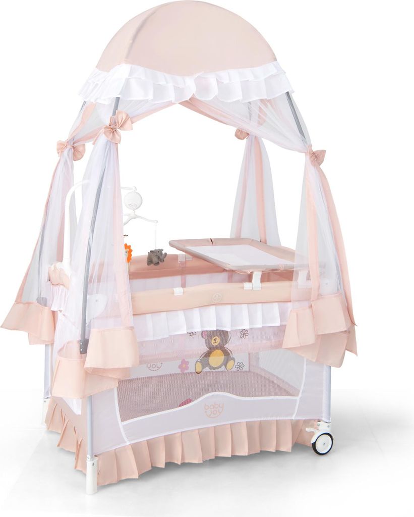 COSTWAY 4in1 Babybett, Reisebett mit Baldachin, Rollen, Matratze, Wickelauflage, Spielbogen & Musikbox, Beistellbett, Kinderreisebett für 0-36 Monate