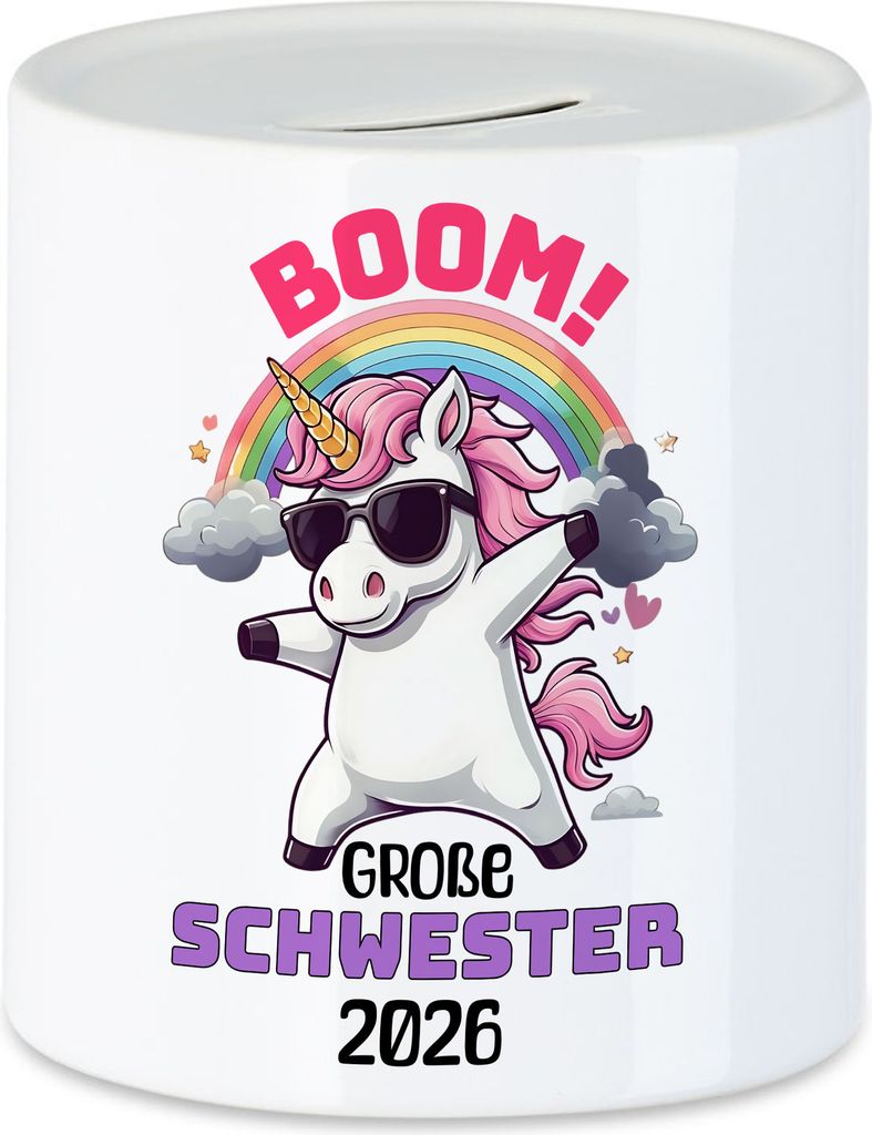 Boom Große Schwester 2026 Spardose Geschenk Einhorn Geschwister Geburt Überraschung Freude Party