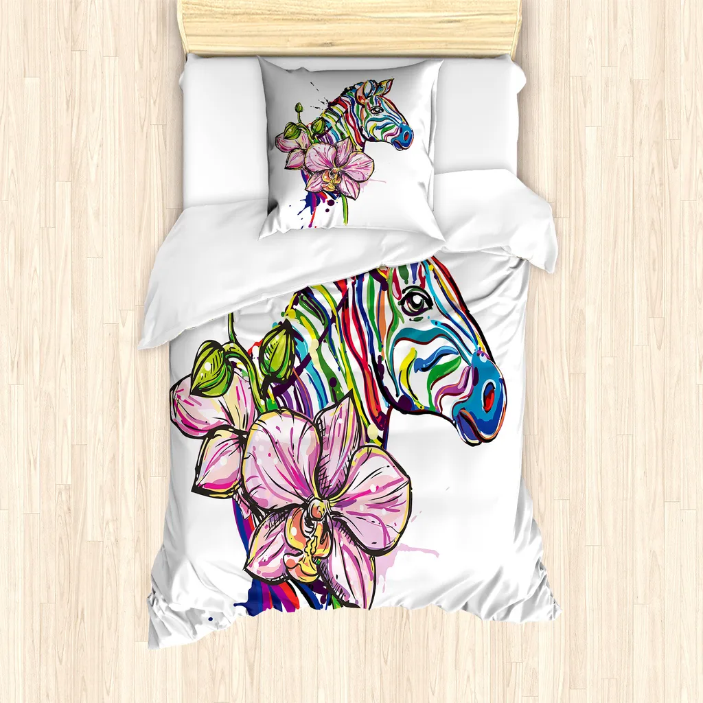 ABAKUHAUS Set copripiumino arcobaleno zebra per letti singoli, Animal Orchid Ink Art, antiacaro, adatto a chi soffre di allergie, con federa, 135 cm x 200 cm - 80 x 80 cm, multicolore