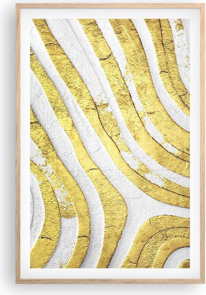 Gerahmtes Poster - Rahmen in heller Eiche - Abstraktion Gold Weiß - 61x91,5 cm - Wand Bild - Wanddeko - Wandbilder - Kunstposter - Wandposter - Bi...