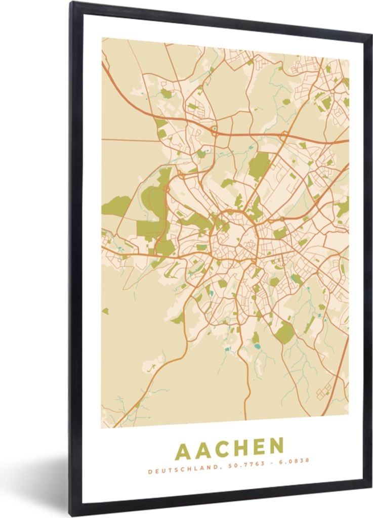 MuchoWow Gerahmtes Poster Karte - Jahrgang - Aachen - Stadtplan 60x90 cm - Poster mit Schwarzem Bilderrahmen Wandposter Rahmen Foto Bilder - Kunst