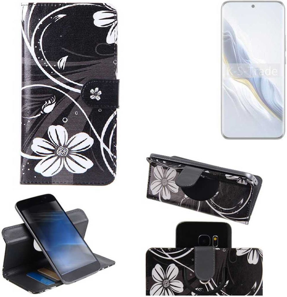 K-S-Trade Schutzhülle Handyhülle kompatibel mit Honor Magic6 Hülle 360° Wallet Case “Flowers“ Klapphülle Hülle schwarz-weiß 1x