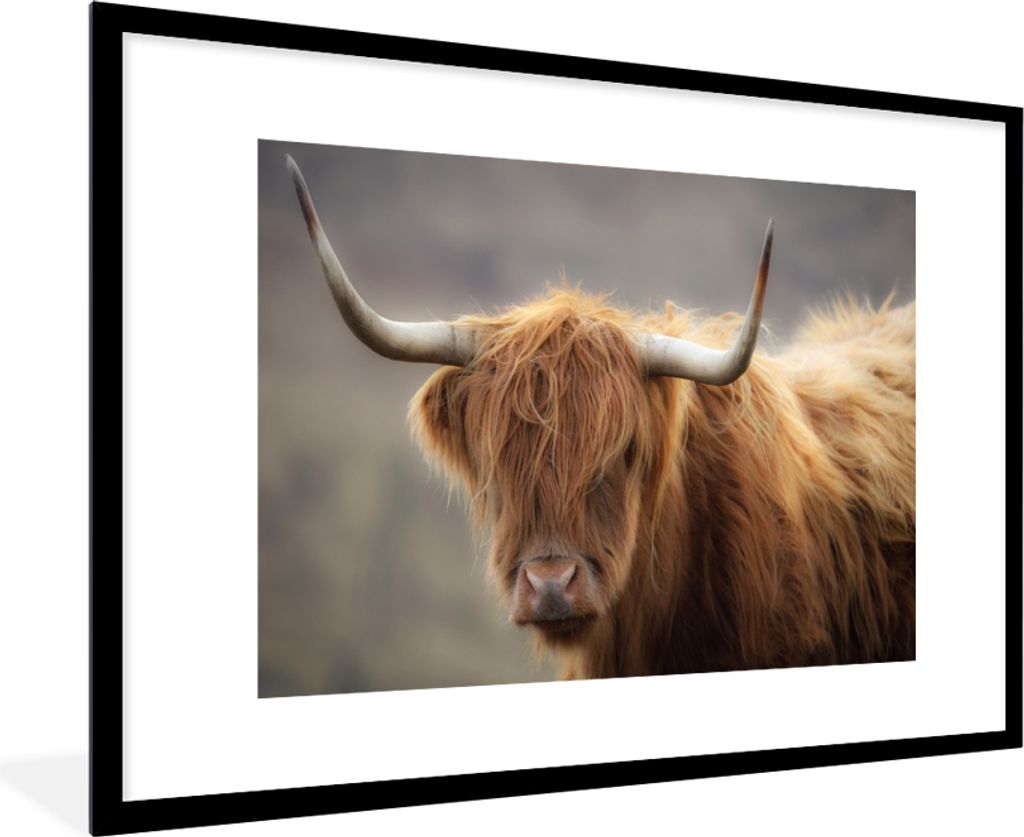 MuchoWow Gerahmtes Poster Schottischer Highlander - Hörner - Haare 90x60 cm - Poster mit Schwarzem Bilderrahmen Wandposter Rahmen Foto Bilder - ...