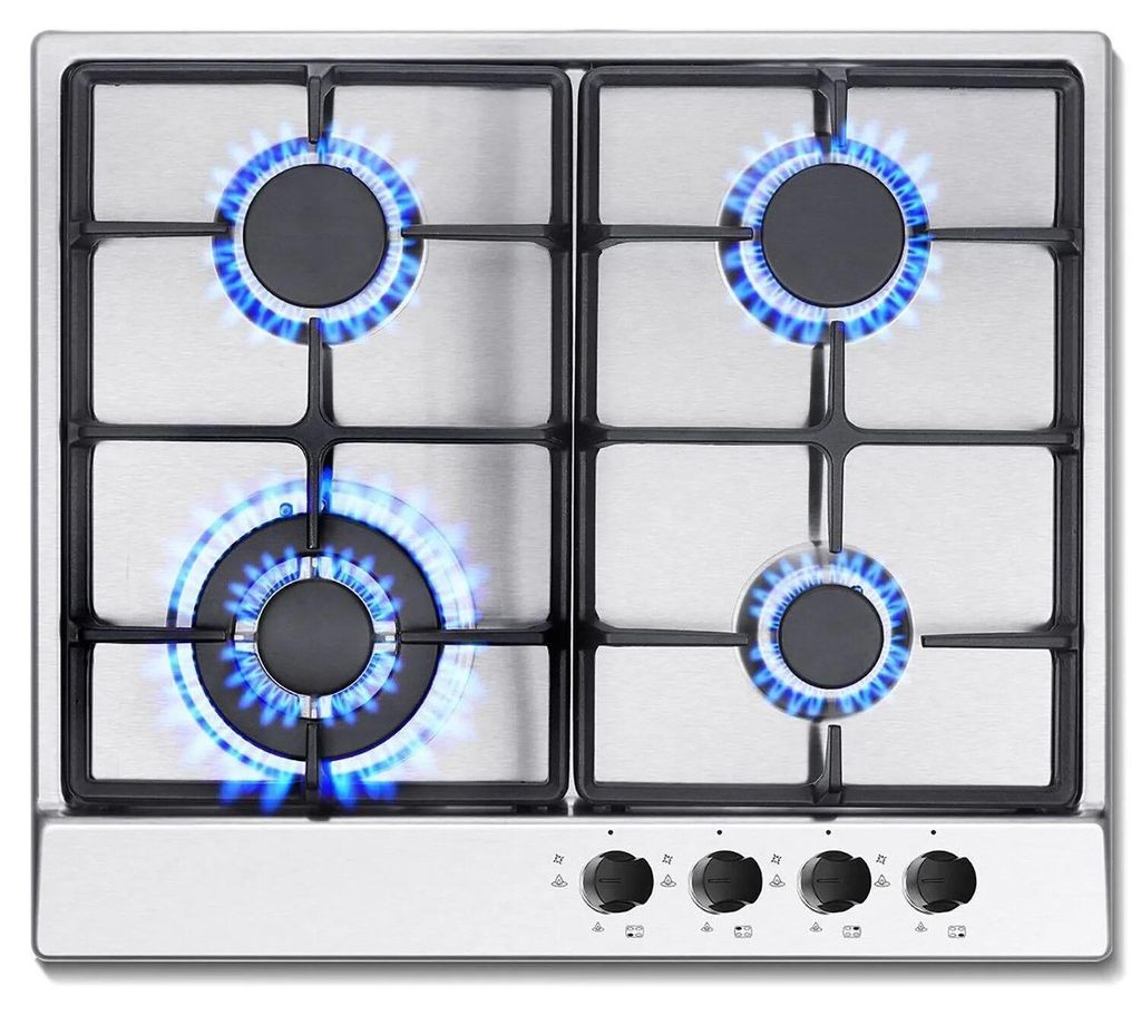 Gaskochfeld - Einbau - 4 Brenner - Erdgas/Propan - Elektrische Zündung - Flammenausfall-Sicherung - Edelstahl - Rot