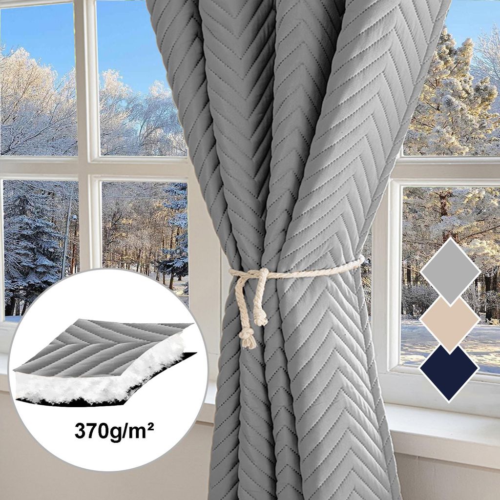 Thermovorhang Kälteschutz Kräuselband Stangendurchzug, Verdunklungsvorhang Blickdicht 370g/m² Wärmeisolierung Wohnzimmer Schlafzimmer 140x245cm...