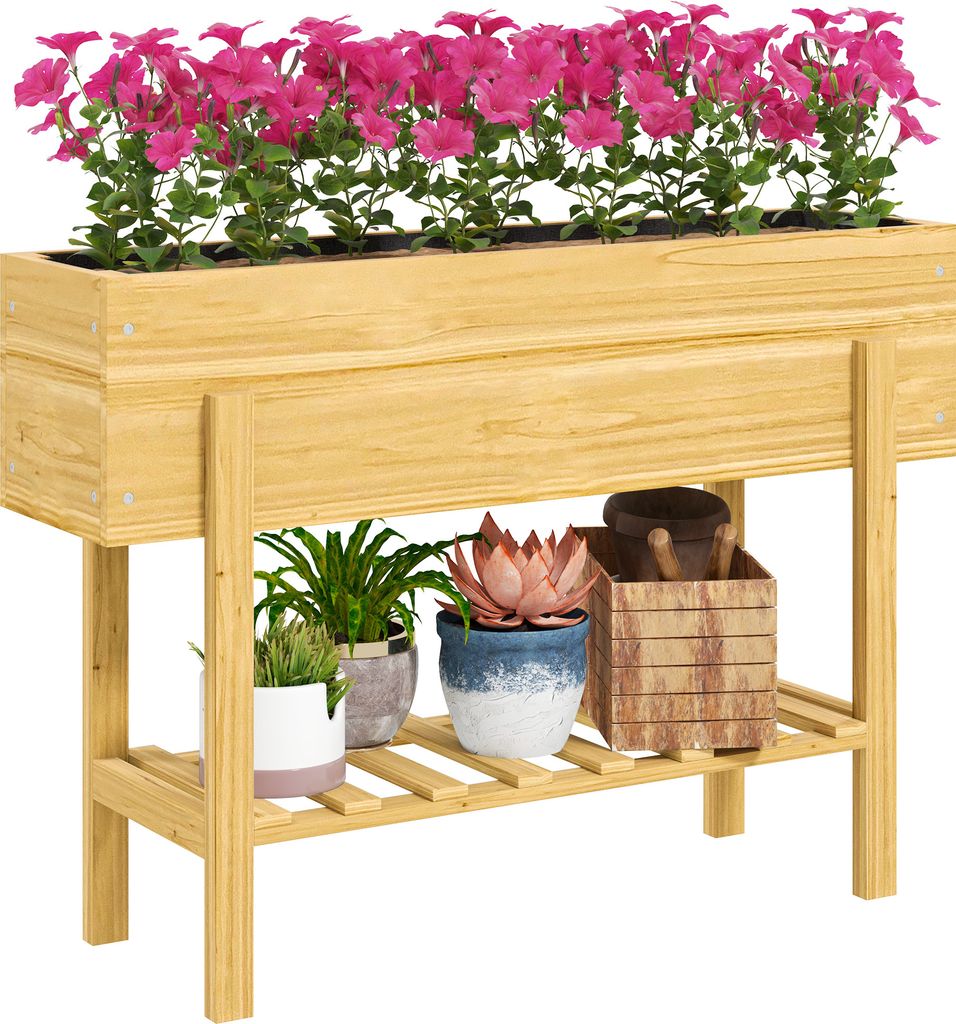 Outsunny Hochbeet mit Regal, erhöhtes Kräuterbeet mit Ablauflöcher, Pflanzkasten aus Holz, wetterbeständig Gemüsebeet, Gartenbeet, Pflanzbeet ...