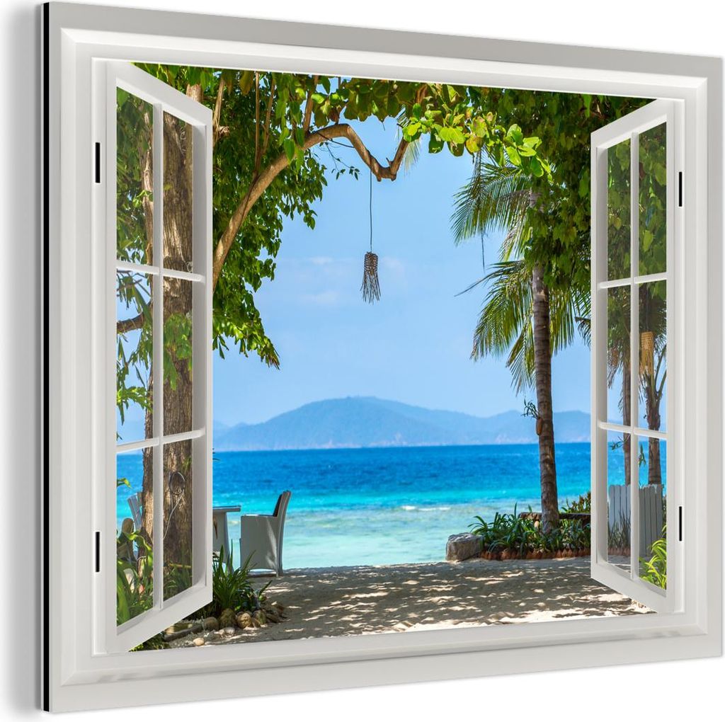 MuchoWow Wanddekoration Metall Metallbild Wandkunst 40x30 cm Aussicht - Baum - Meer - Palme - Hügel - Strand - Blau MuchoWow Aluminium Gemälde - ...