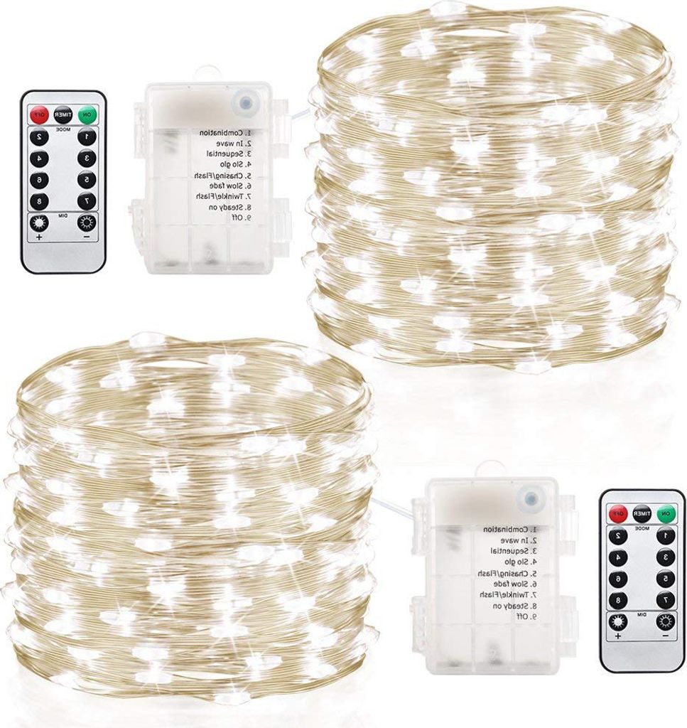2er-Pack Lichterketten, batteriebetrieben, wasserdicht, 8 Modi, Fernbedienung, 100 LED-Lichterketten, 10,9 m Kupferdraht, Glühwürmchenlichter, We...