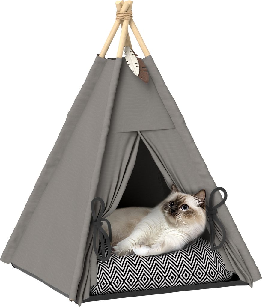 PawHut Tipi Zelt für Haustiere, Katzenzelt mit abnehmbar und waschbar Kissen, Katzenhaus mit rutschfestem Boden, Spielball, für Katzen unter 5kg,...