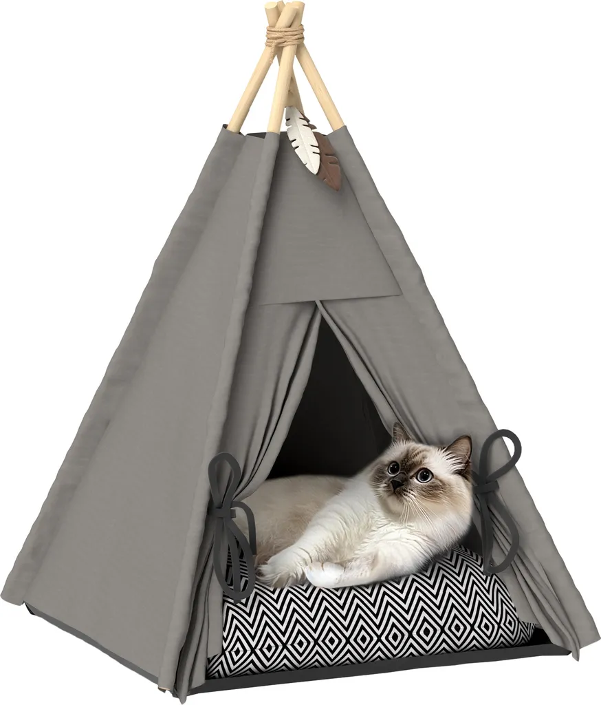 Maison pour Chat Style Tipi en Tissu avec Coussin Amovible et Douillet