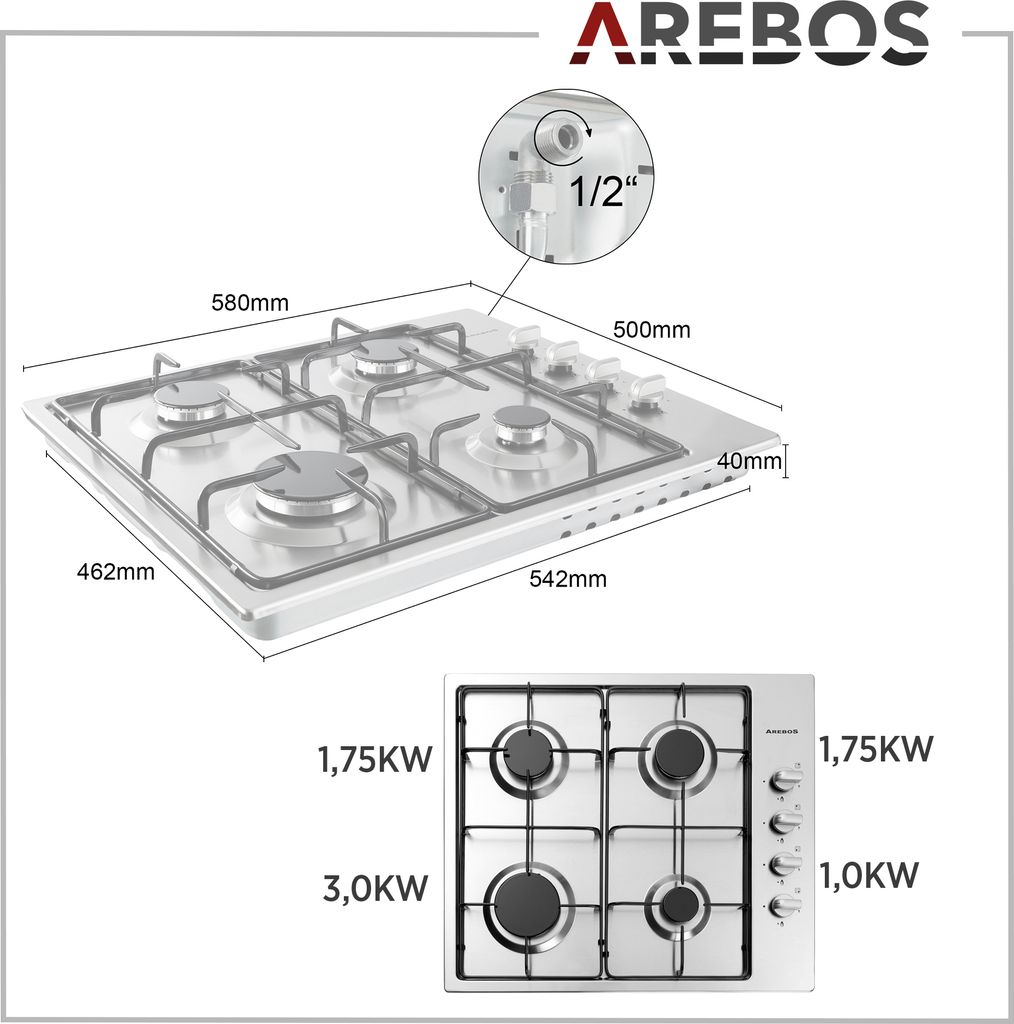 AREBOS plynová varná doska 4 horáky, nerezová oceľ, vrátane Obrázok produktu 10