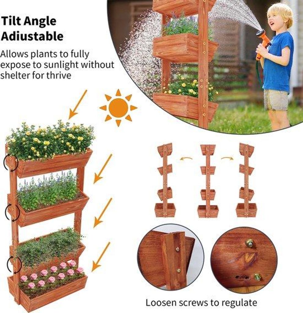 Vertikales Gartenbett - 4-Schichtiger Holzvertikaler - Innen- und Außenanwendung - Ideal für Minigärten und Balkone