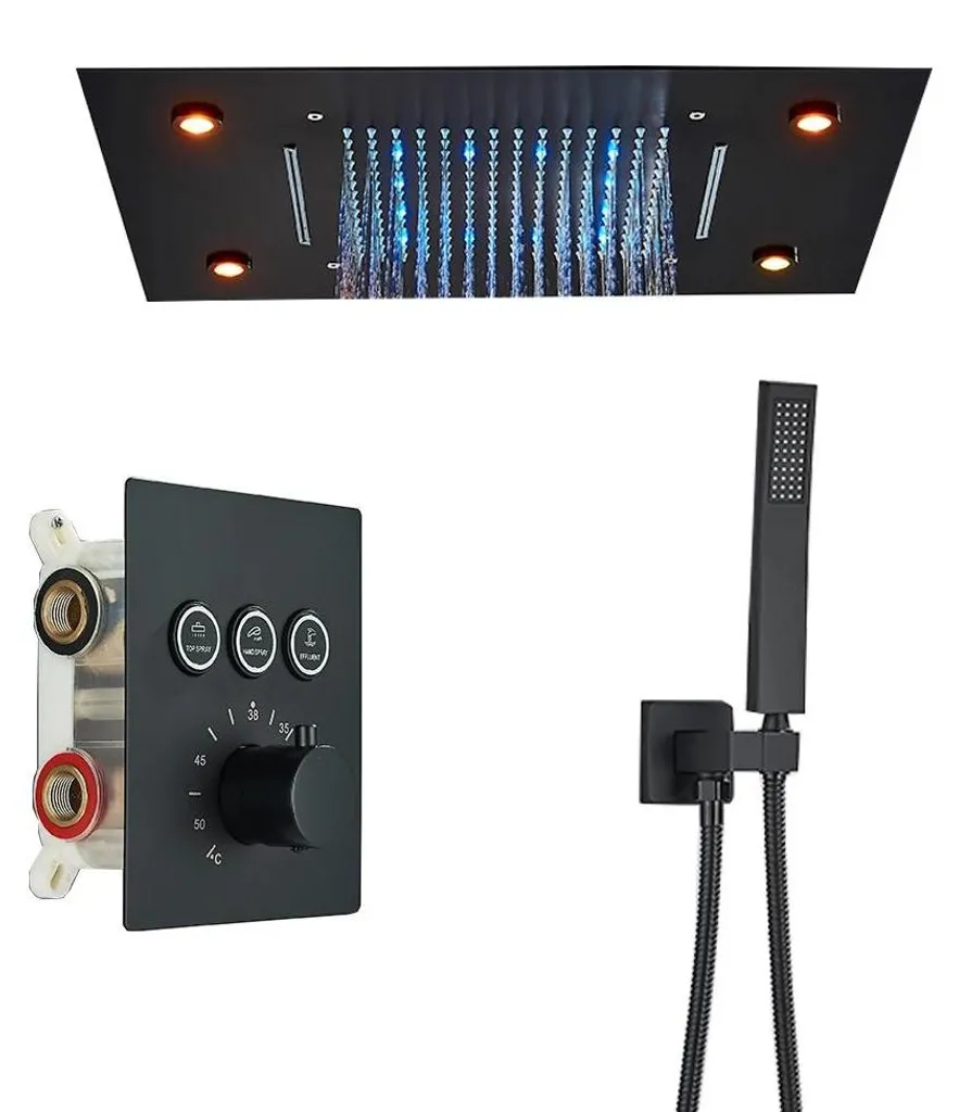 Douche pluie LED plafonnier thermostatique noir avec effet cascade et luxe