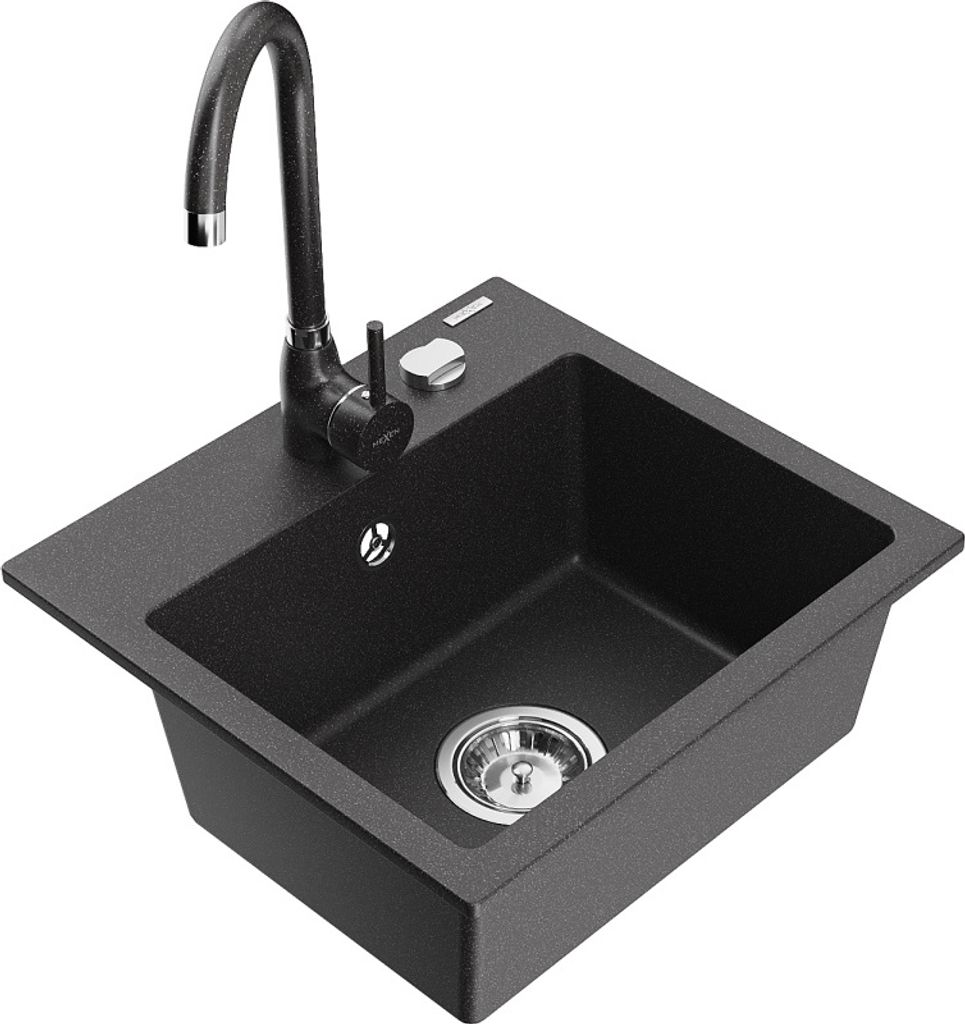 Mexen Milo 1-Becken-Granit-Spüle mit Mischbatterie Telma, Schwarz gesprenkelt - 6505-76-670200-76