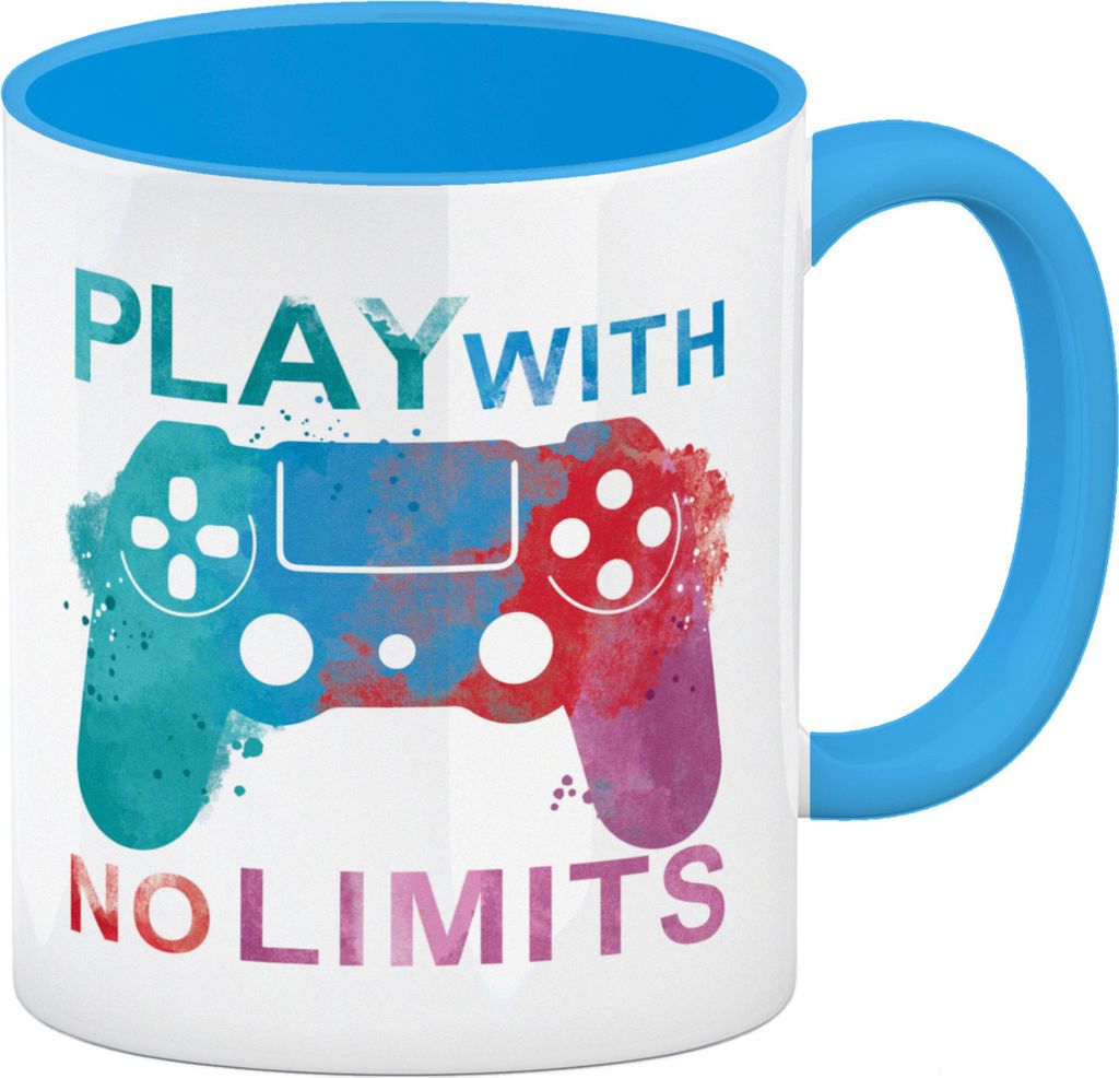 Game Controller Kaffeebecher in hellblau mit Spruch Play with no limits