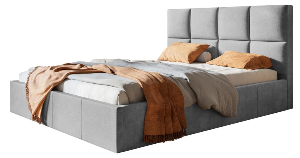 Bett Roma 200x200, Bettkasten und Metallrahmen, Kronos-Stoff, grau
