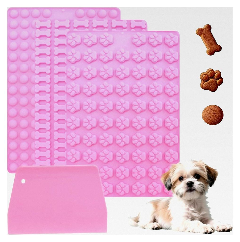 Set von 3 Silikon-Backmatten für Hundekekse – Knochen-, Pfoten- und Punkteform, flexible und antihaftende Backformen für Hundeleckerlies