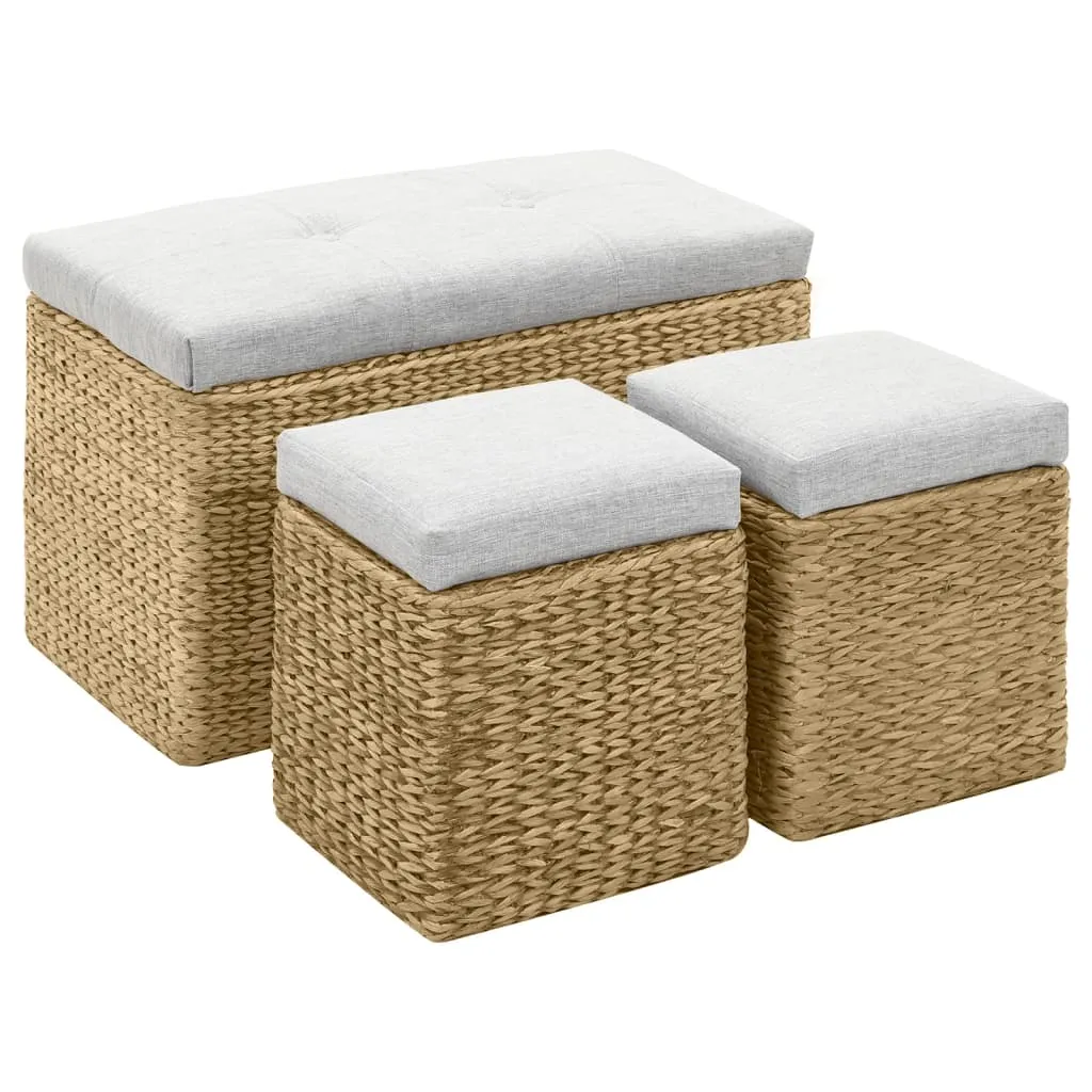 Banc design gris en jonc de mer tressé avec 2 ottomans d'appoint chic - 2