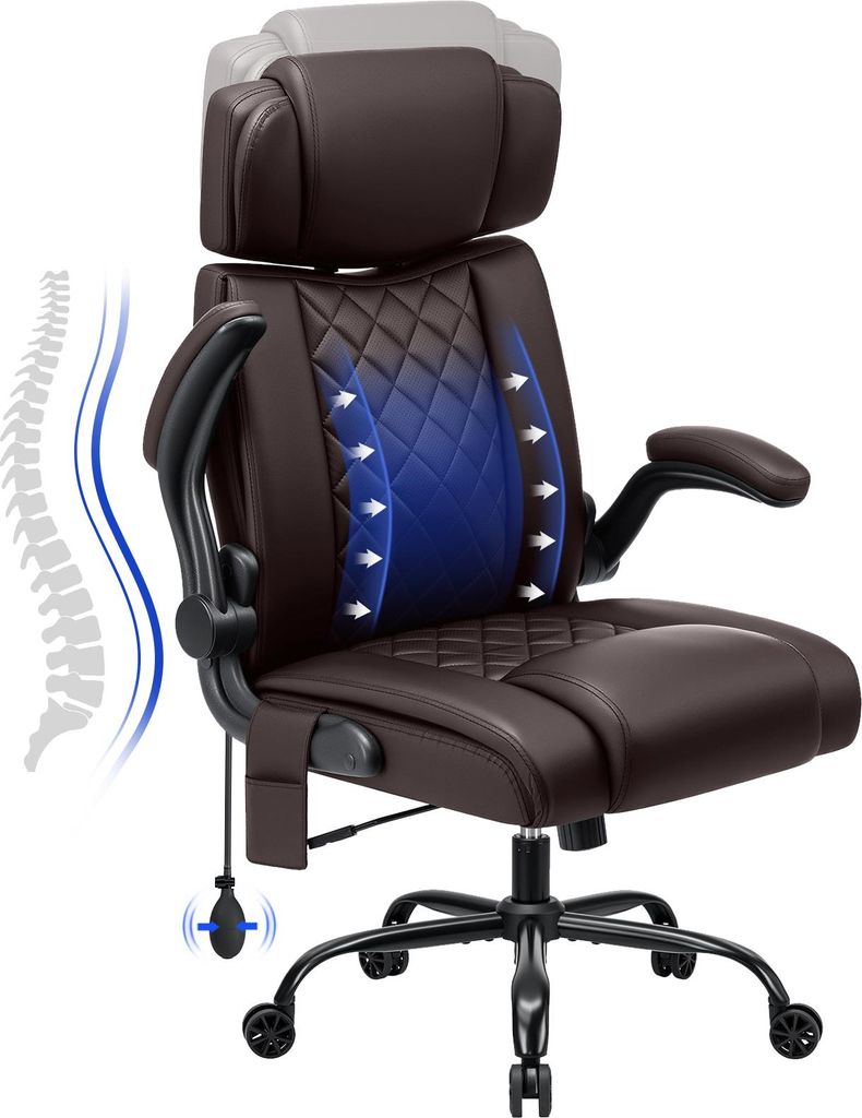 HOFFREE Ergonomischer Bürostuhl 200kg Chefsessel Kunstleder hohe Rückenlehne verstellbare Kopfstütze klappbare Armlehnen Computerstuhl, Schwarz
