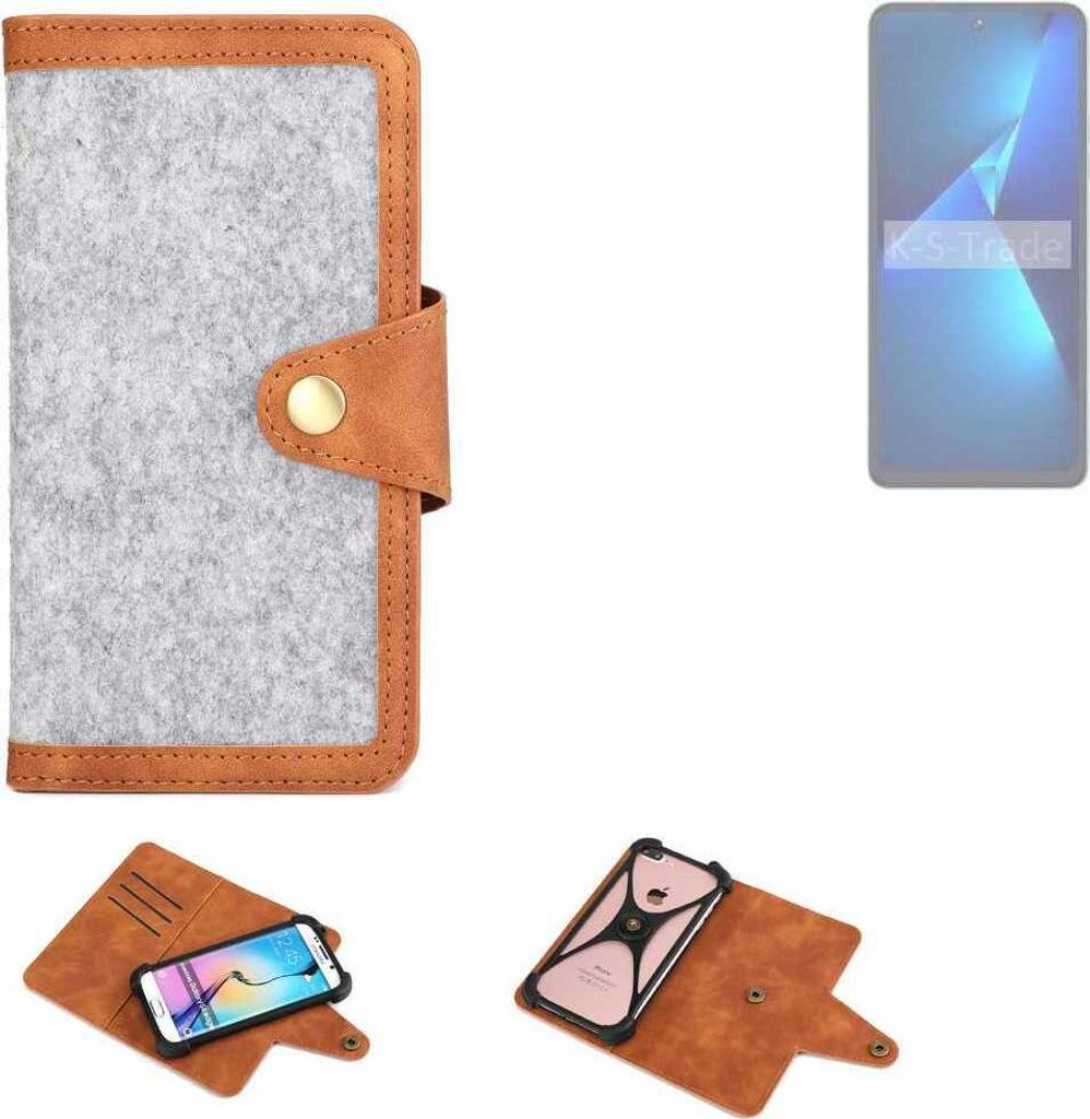 K-S-Trade Handyhülle kompatibel mit Tecno Pova 5 Schutzhülle Filz-Hülle Kunst-Leder hellgrau braun (1x)