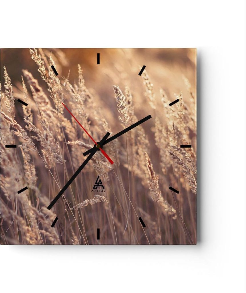 Wanduhr - Quadrat - Glasuhr - Boho Ähren Feld - 30x30cm - Schleichendes Uhrwerk - Lautlos - zum Aufhängen bereit - Dekoration Modern - Wanddekora...
