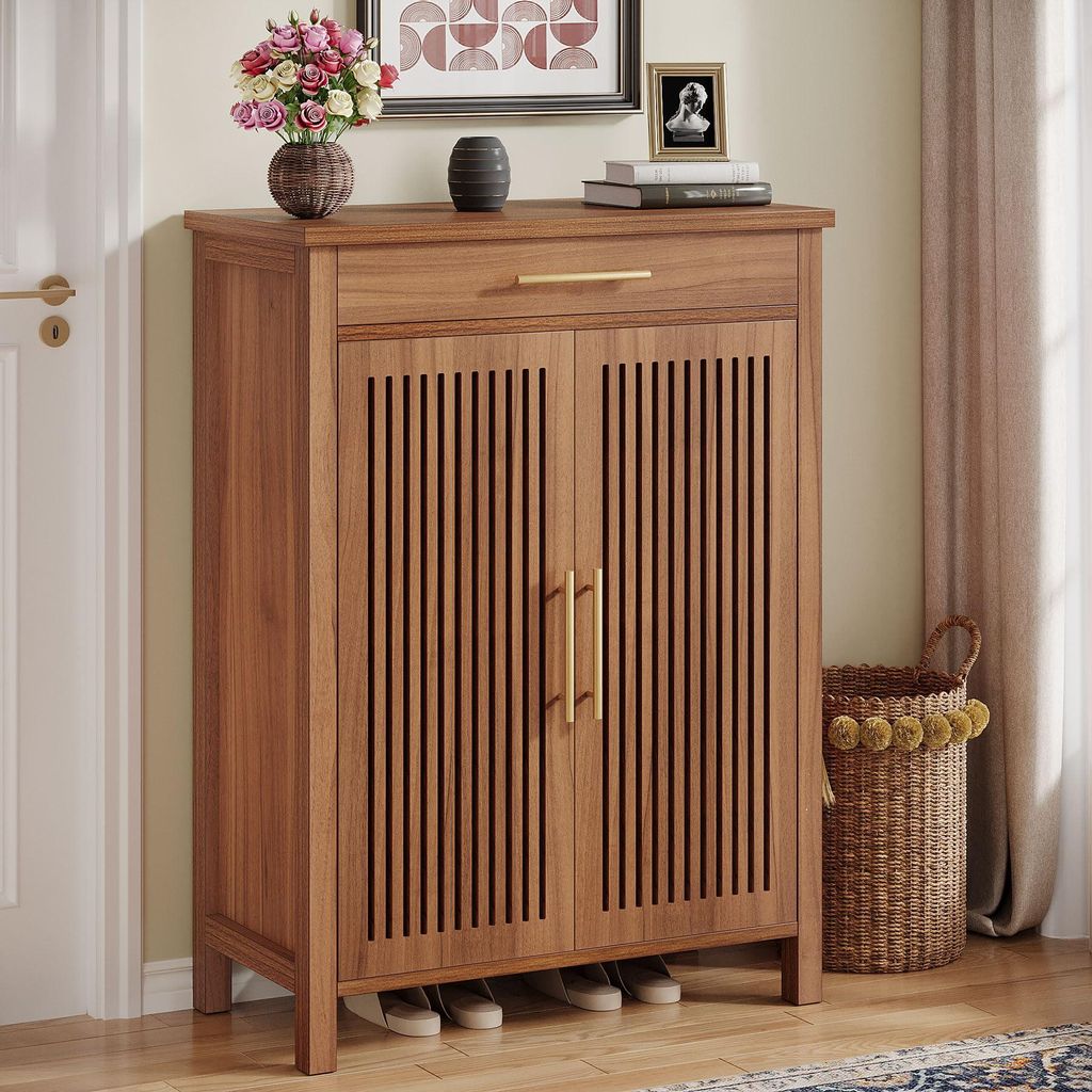 LITTLE TREE Schuhschrank 5-stöckig, Flur, Kleiderschrank, Braun, mit Lamellentüren und Schublade, Schuhregal Holz, verstellbare Einlegeböden