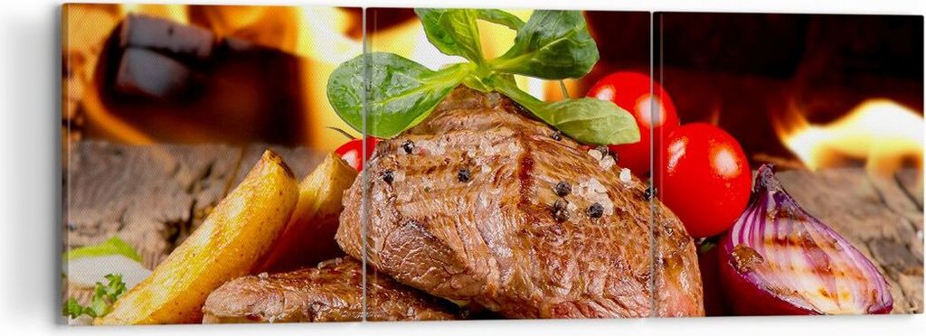 Bild auf Leinwand - Leinwandbild - Essen Holz Feuer Steak - 120x40cm - Wand Bild - Wanddeko - Leinwanddruck - Bilder - Kunstdruck - Wanddekoration ...