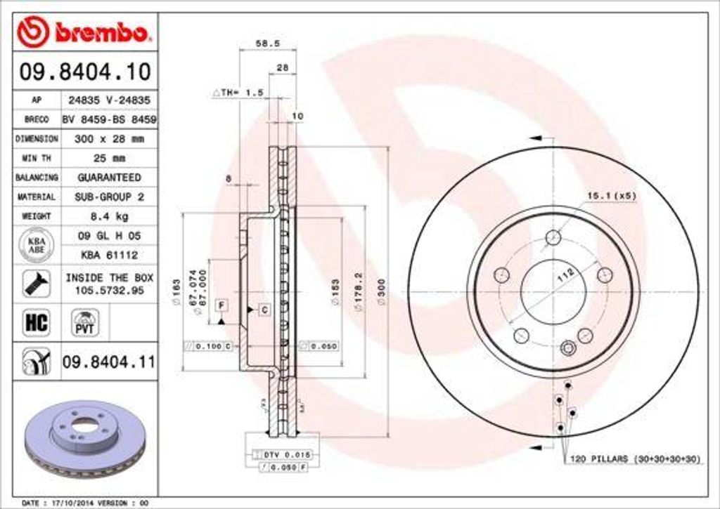 BREMBO 09.8404.11 Bremsscheibe OE 4474210512 kompatibel mit Vito, Viano, V-Klasse