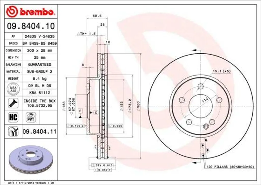 Disque de frein anti-vibration Brembo 09.8404.11 pour Mercedes Classe V