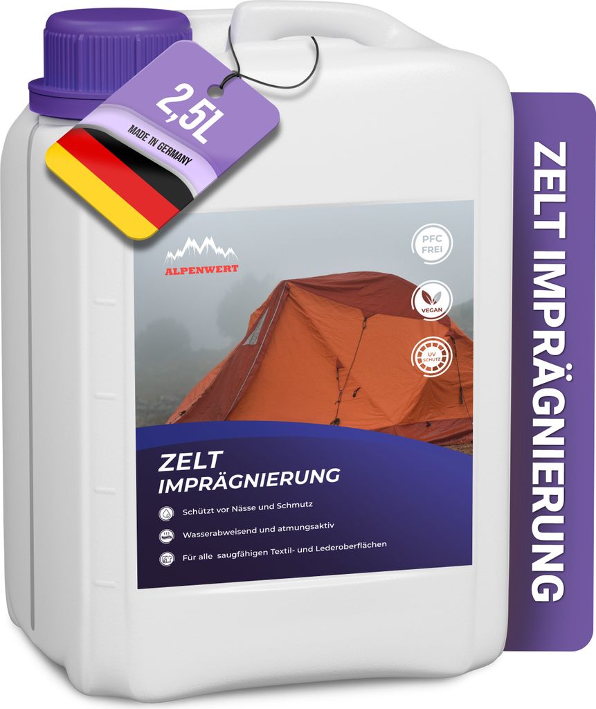 A white plastic jerrycan with a label showing an orange tent and product information.