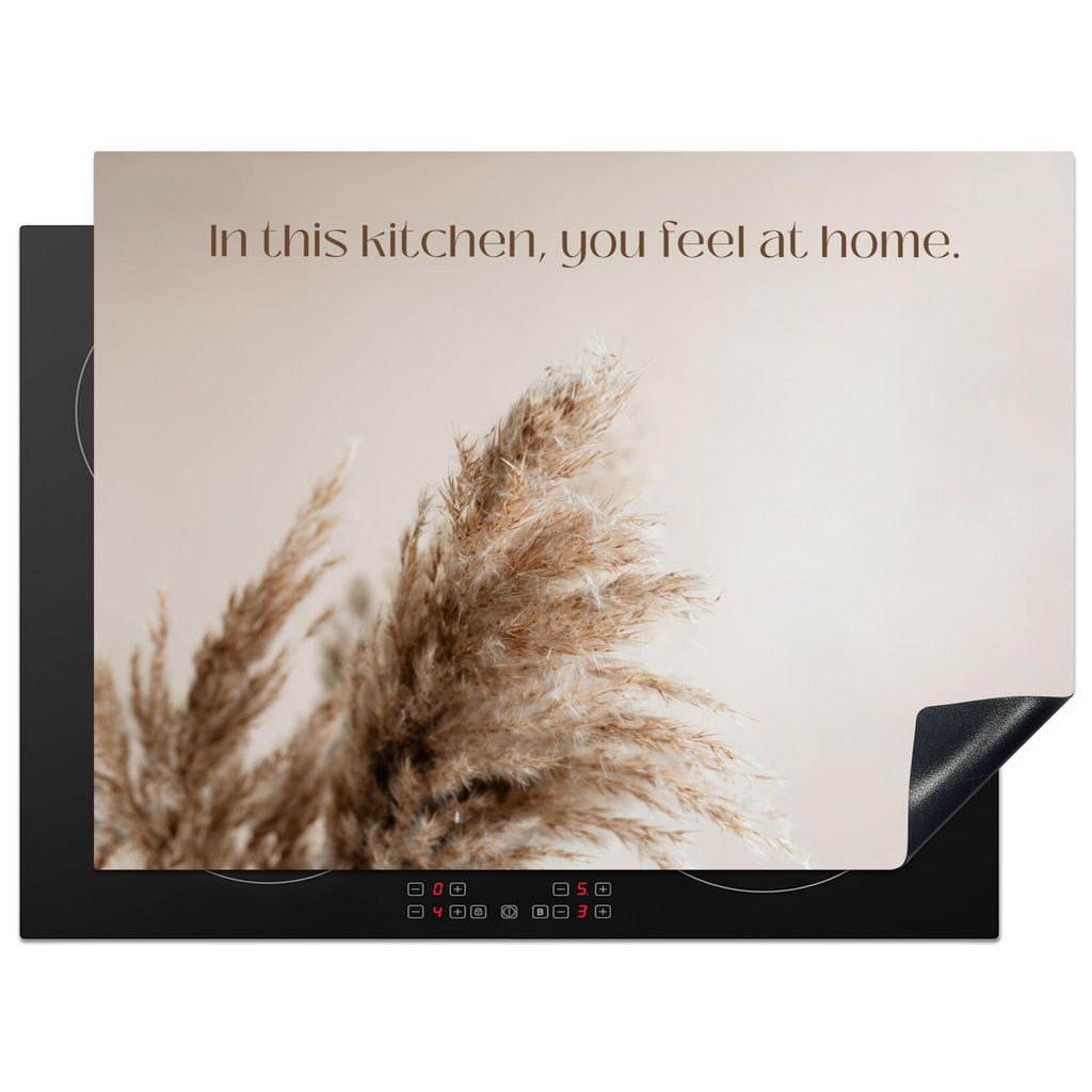 KitchenYeah Herdabdeckplatte Zitate - In dieser Küche - Pampas-Federn - Beige , 70x52cm, Küche Deko, Glaskeramikkochfeld Herdabdeckung, Abdeckp...