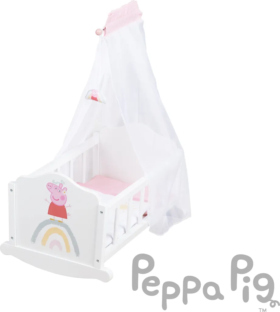 Berceau poupée Peppa Pig en bois blanc et rose avec ses accessoires