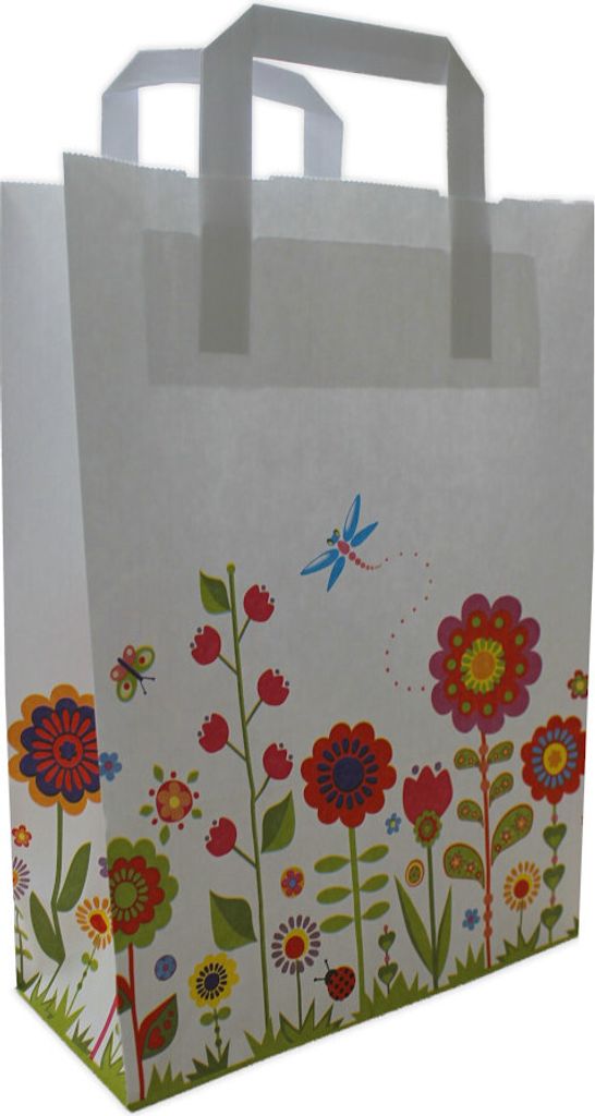 Papiertragetasche mit Flachhenkel weiß "BLUMENWIESE", 80 g/qm, 22 + 10 x 31 cm, 100 Stück