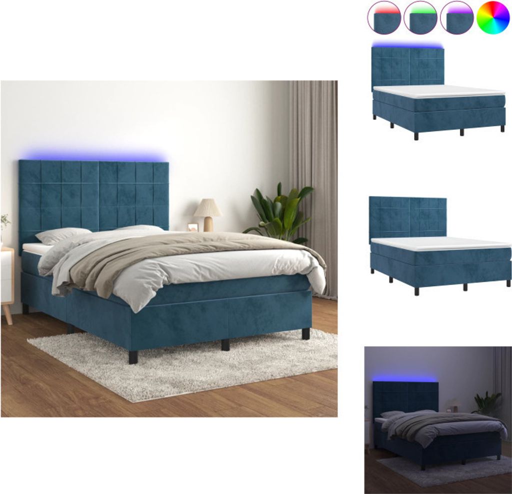 vidaXL Boxspringbett mit Matratze & LED Dunkelblau 140x200 cm Samt - Betten & Bettgestelle