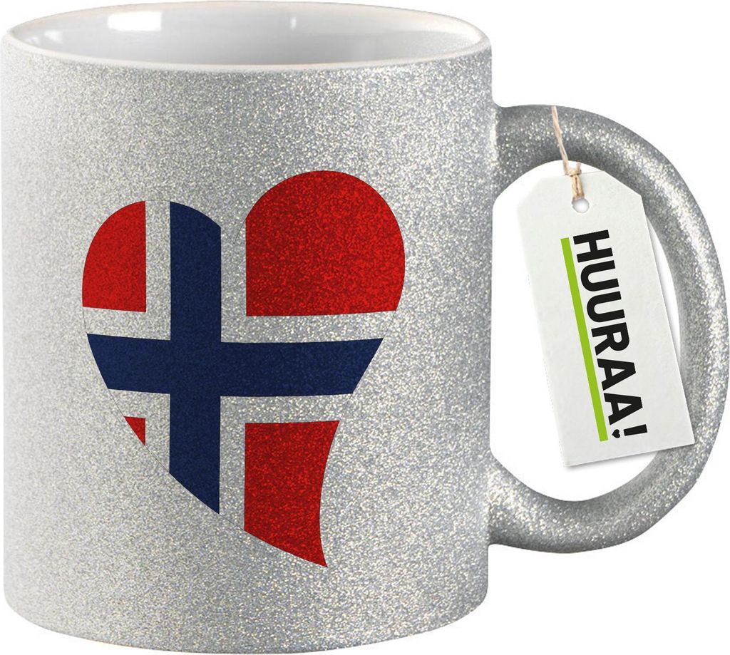 Huuraa Glitzertasse Norwegen Flagge Herz 330ml Silber Keramik Kaffeebecher Geschenkidee