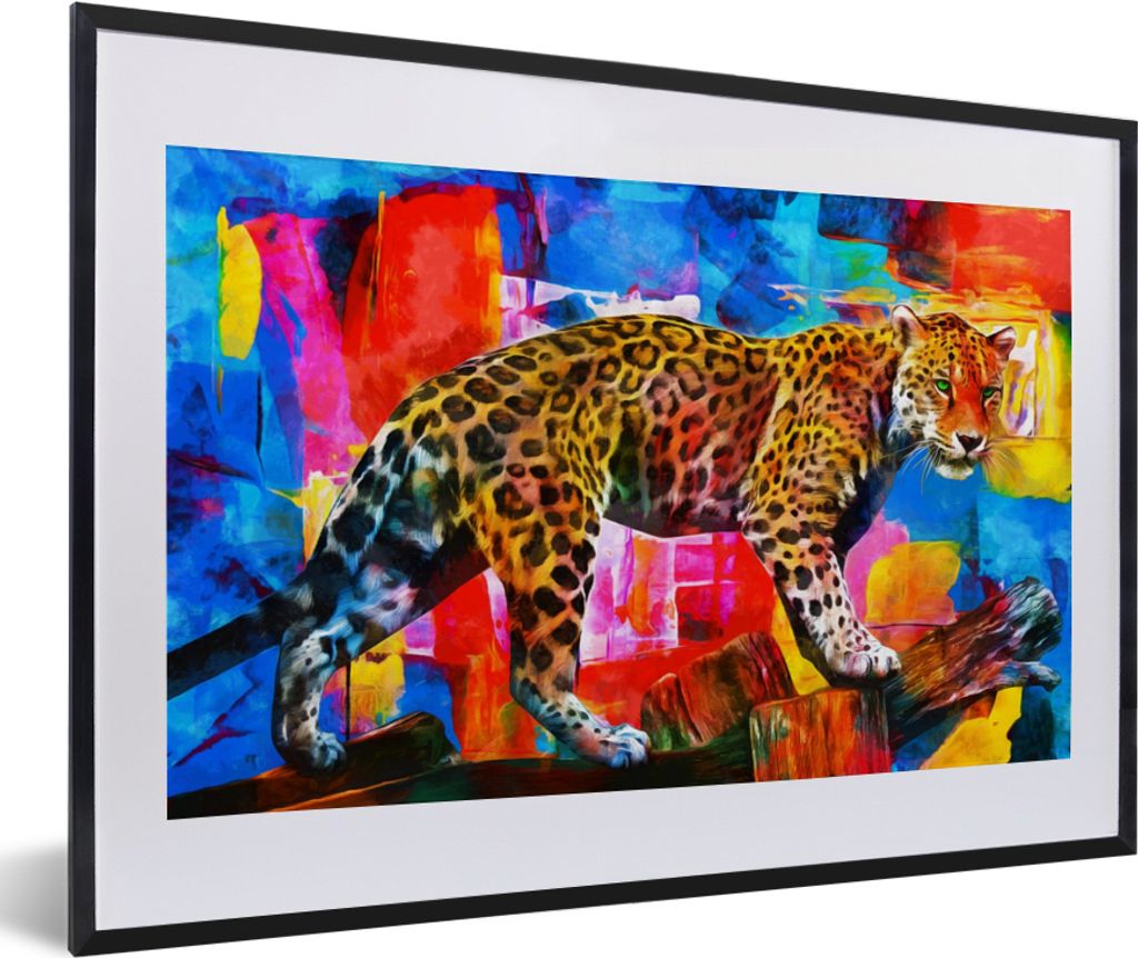 MuchoWow Gerahmtes Poster Malerei - Panther - Ölfarbe - Farben - Tiere 60x40 cm - Poster mit Schwarzem Bilderrahmen Wandposter Rahmen Foto Bilde...