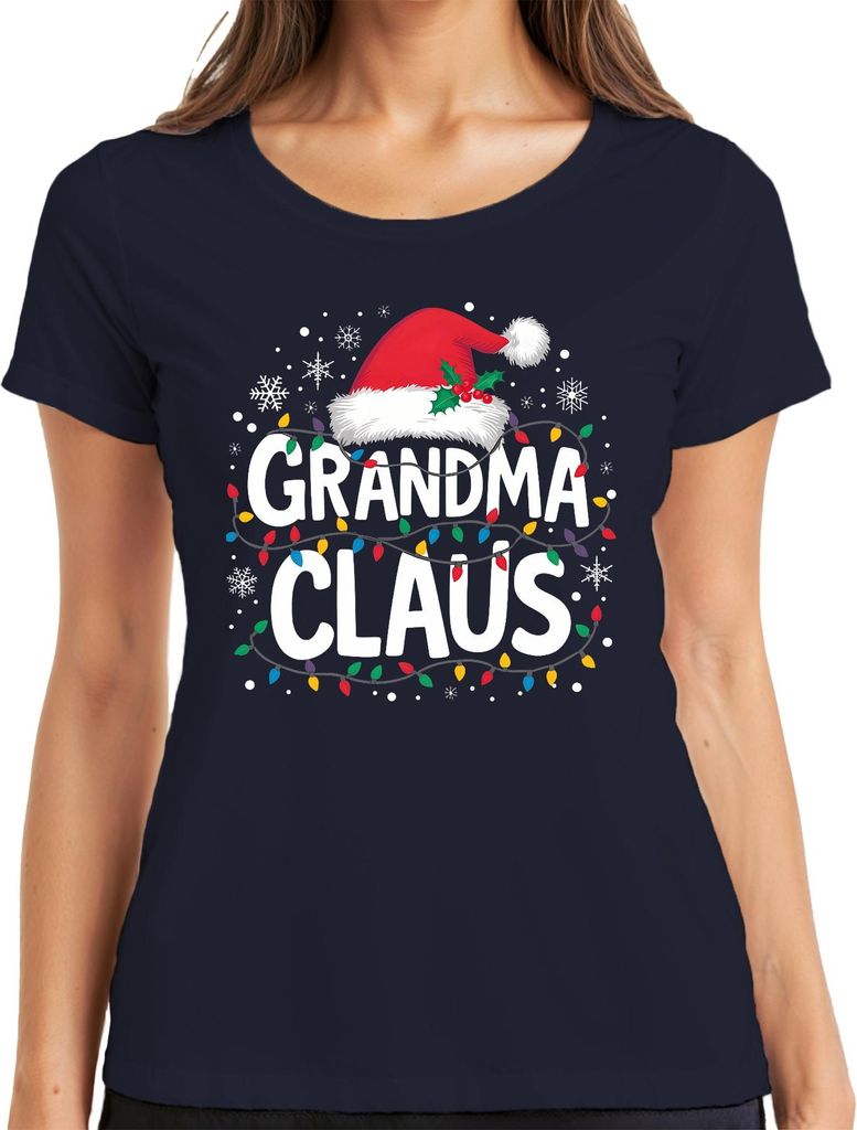 Grandma Claus Oma Weihnachten Lichterkette Schneeflocken Geschenk Damen T-Shirt, Navy, XL