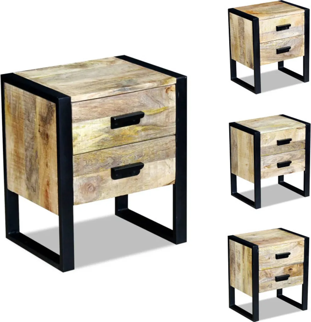 Table d'appoint artisanale en bois de manguier 2 tiroirs style rétro